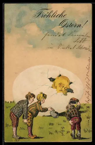 Lithographie Kinder begrüssen ein riesiges Osterküken