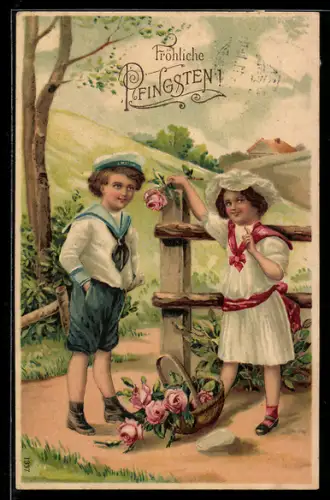 AK Junge im Matrosenanzug am Zaun, Mädchen mit Rosenkorb, Pfingsten