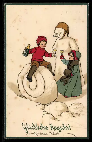 Präge-AK Kinder mit Schneemann und Sektgläsern, Neujahrsgruss
