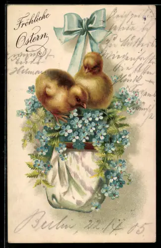 Lithographie Osterküken mit Vergissmeinnicht und blauer Schleife, Fröhliche Ostern