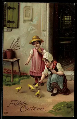 AK Kinder füttern kleine Osterküken