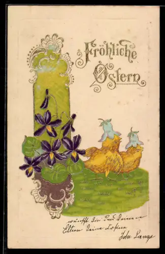 Lithographie Osterküken tragen Blüten als Hüte