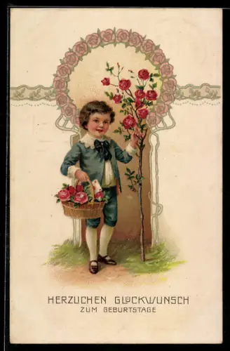 AK Gratulant pflückt ein Rosensträusschen, Geburtstag
