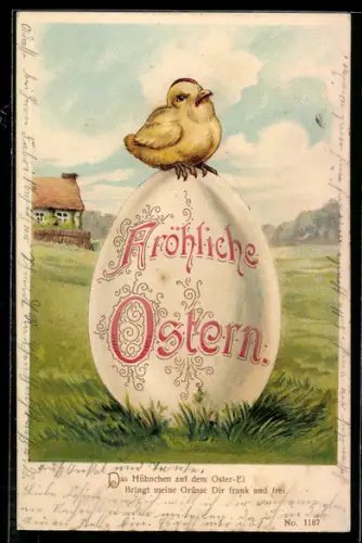 Lithographie Osterküken sitzt auf einem riesigem Osterei, Fröhliche Ostern