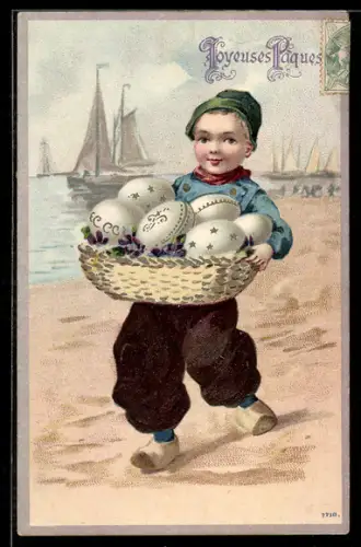 AK Knabe mit Osterkorb, Segelschiff im Hintergrund