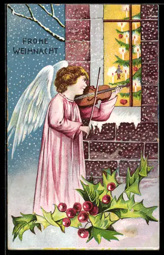 AK Weihnachtsengel spielt Geige vor einem Fenster