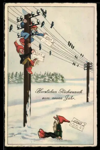 Künstler-AK Zwerge am Mast mit Papieren, Neujahr