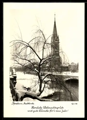 AK Pforzheim, Stadtkirche im Winter