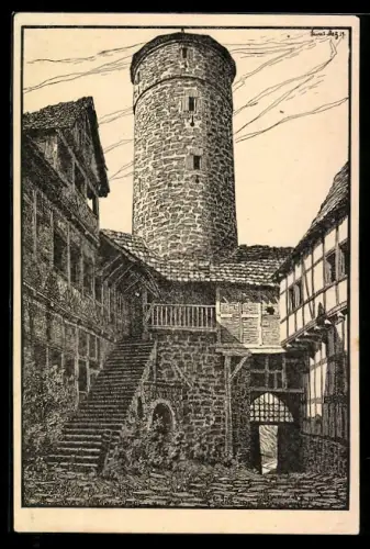 AK Ludwigstein, Burghof mit Turm und Fachwerkhäusern