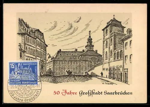 AK Saarbrücken, Altes Rathaus, 50 Jahre Grossstadt Saarbrücken 1959