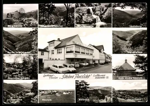 AK Heidenrod-Nauroth, Gasthaus Schöne Aussicht, Bes. Wilhelm Fuchs, Wisperquelle, Burg Gerold, Kath. Kirche Nauroth