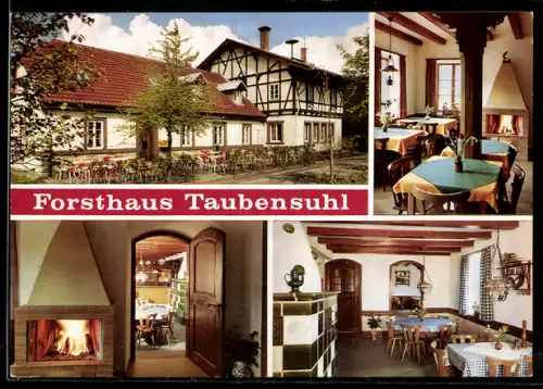 AK Landau /Pfalz, Gaststätte Forsthaus Taubensuhl, Bes. Familie Schneider, Gasträume, Kamin, Aussenansicht