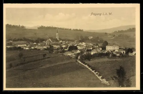 AK Freyung i. b. W., Ortsansicht mit Kirche und umliegender Landschaft