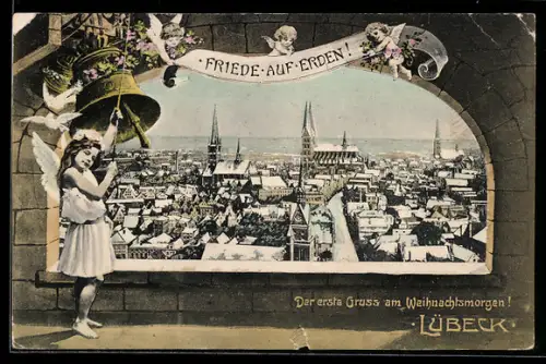 Grusskarten-AK Lübeck, Strassenpartie mit Kirche, Mädchen läutet Glocke, Weihnachtsgruss