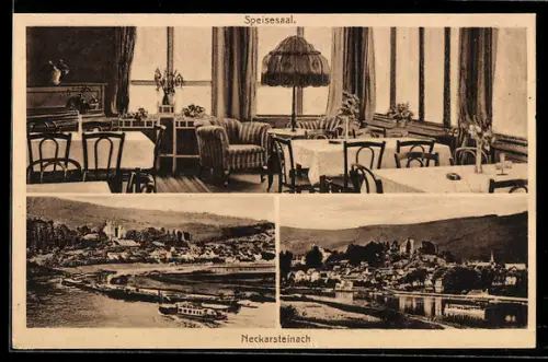 AK Neckarsteinach, Schwalbennest-Hotel, Speisesaal, Uferpartie, Teilansicht