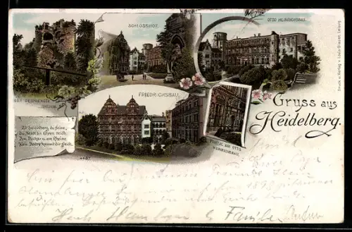 Lithographie Heidelberg, Schlosshof, Otto Heinrichsbau, Friedrichsbau, der gesprengte Turm