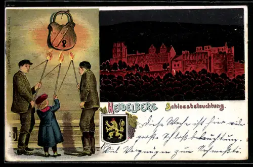 Lithographie Heidelberg, Schloss mit Beleuchtung bei Nacht, Fackelträger, Wappen