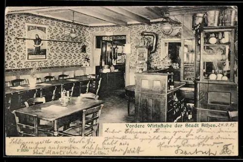AK Neckargemünd, Gasthaus Zur Stadt Athen, Vordere Wirtsstube der Stadt Athen, Innenansicht