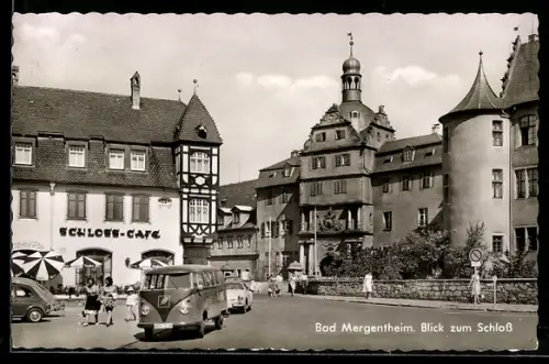 AK Bad Mergentheim, Schloss und Schloss-Cafe mit Auto VW Bulli