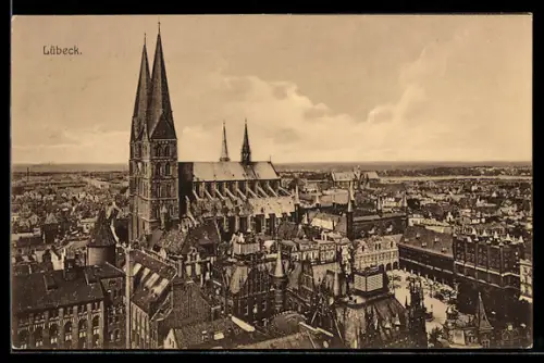 AK Lübeck, Stadtansicht mit Marienkirche