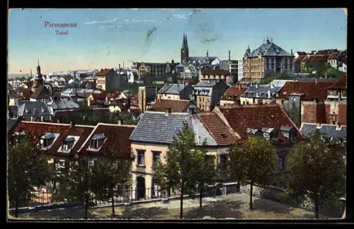 AK Pirmasens, Totalansicht der Stadt mit Kirche und markanten Gebäuden