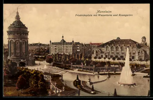 AK Mannheim, Friedrichsplatz mit Wasserturm und Rosengarten