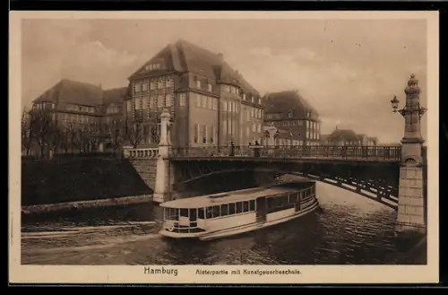 AK Hamburg-Uhlenhorst, Alsterpartie mit Kunstgewerbeschule