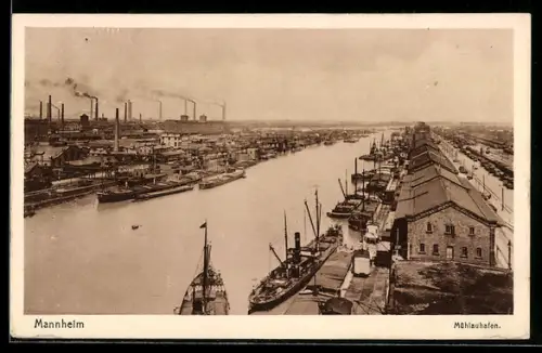 AK Mannheim, Mühlauhafen, Industrieanlagen, Schiffe