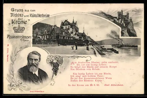 AK Assmannshausen a. Rhein, Dichter- und Künstlerheim zur Krone, Rheinansicht, Burg, Dampfer