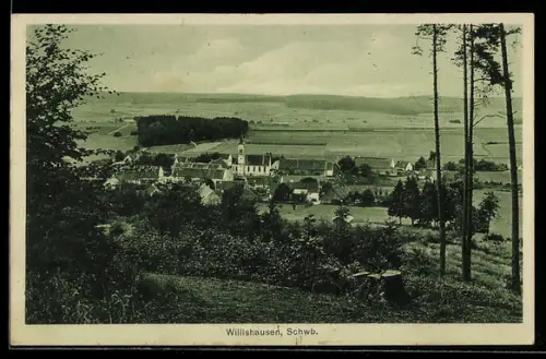 AK Willishausen /Schwb., Ortsansicht mit Kirche und umliegender Landschaft