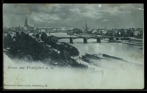 Mondschein-AK Alt-Frankfurt, Mainufer, Brücke, Skyline mit Dom und Kirchen