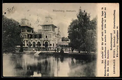 AK Nürnberg, Stadtpark, Parkanlage, Pavillon, Teich