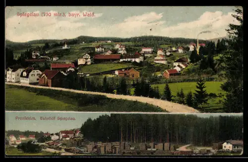 AK Spiegelau /Bayr. Wald, Ortsansicht, Bahnhof, Pronfeldm