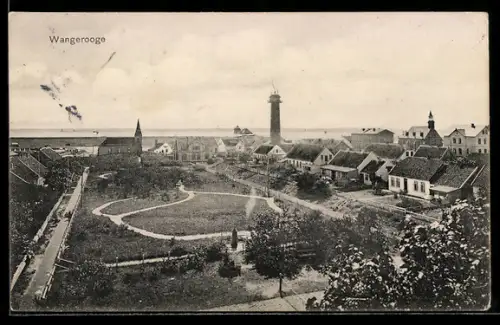AK Wangerooge, Ortsansicht mit Leuchtturm und Kirche