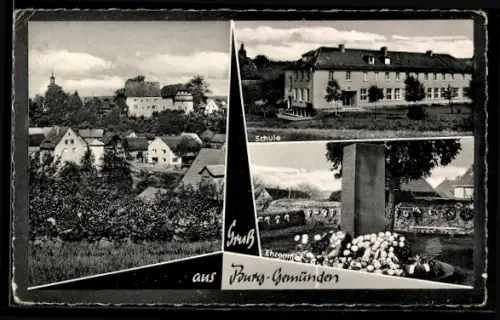 AK Burg-Gemünden, Schule, Ehrenmal, Ortsansicht