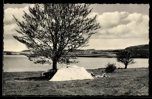 AK Mademühlen /Dillkreis, Camping-Platz an der Krombachtalsperre, Zelt, See, Landschaft