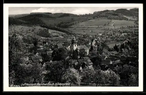 AK Reichenbach i. Odenwald, Ortsansicht mit Kirche und umliegender Landschaft