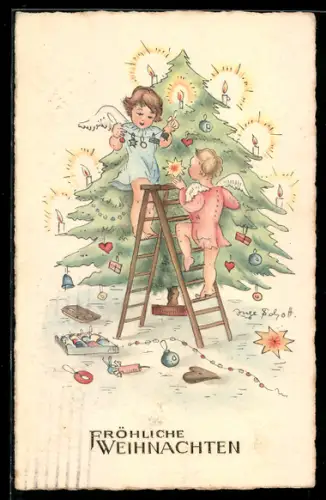 Künstler-AK Inge Schott: Engel schmücken einen Weihnachtsbaum