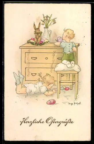 Künstler-AK Inge Schott: Kinder spielen mit Ostereiern, Osterhase
