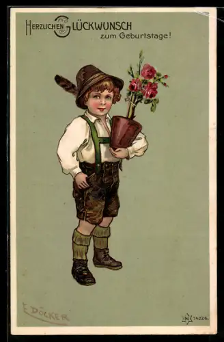Künstler-AK E. Döcker: Kleiner Knabe in bayrischer Tracht mit Blumentopf