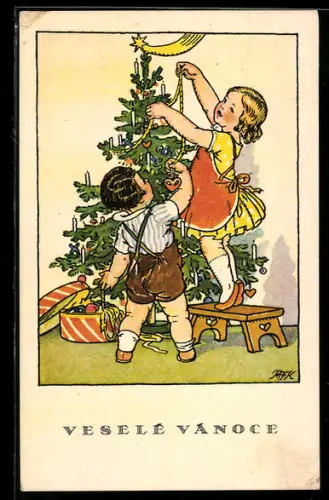 Künstler-AK M. Fischerova-Kvechova (MFK): Kinder schmücken einen Weihnachtsbaum