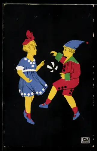 Künstler-AK Hilde Kallenbach: Mädchen und Junge spielen mit einem Ball