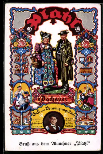 Künstler-AK Otto Obermeier: München, Paar in Dachauer Tracht, Vergnügungsstätte Platzl, Bes. Matthias & Emilie Lettner