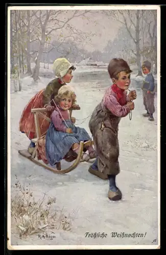 Künstler-AK Rudolf Alfred Höger: Kinder mit Schlitten auf dem zugefrorenen See