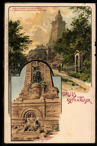 Künstler-AK Erwin Spindler: Kyffhäuser, Nordaufgang zum Nationaldenkmal und Gedenkstein d. Deutschen Studenten
