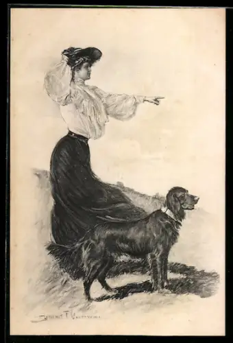 Künstler-AK Clarence F. Underwood: Dame und Hund an windigem Tag