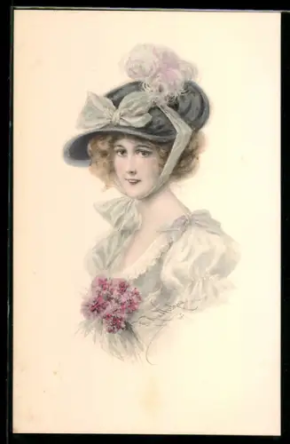 Künstler-AK Wichera: Portrait Frau mit Hut und Blumenstrauss
