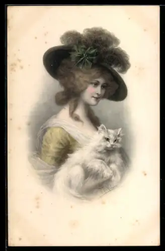 Künstler-AK Wichera, M. Munk Nr. 569: Dame mit Federhut und weisser Katze