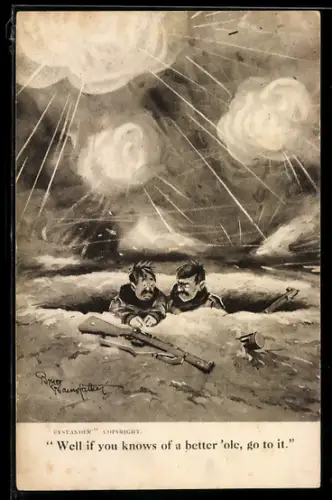Künstler-AK Bruce Bairnsfather: Britische Soldaten suchen im Kugelhagel Schutz im Schützengraben
