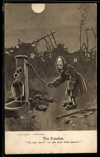 Künstler-AK Bruce Bairnsfather: The Fatalist, Soldat an einem Brunnen inmitten von Kriegsruinen